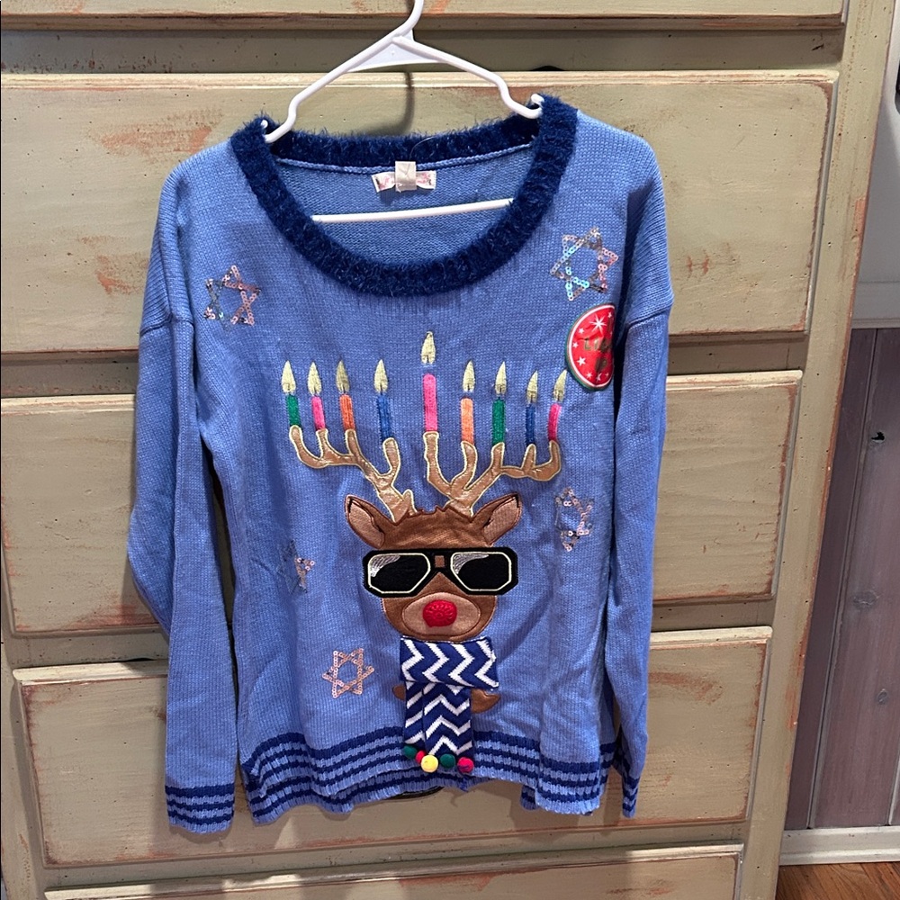 It"s Our Time NWT Hanukah Reindeet Blue Sweater Adorable Size L